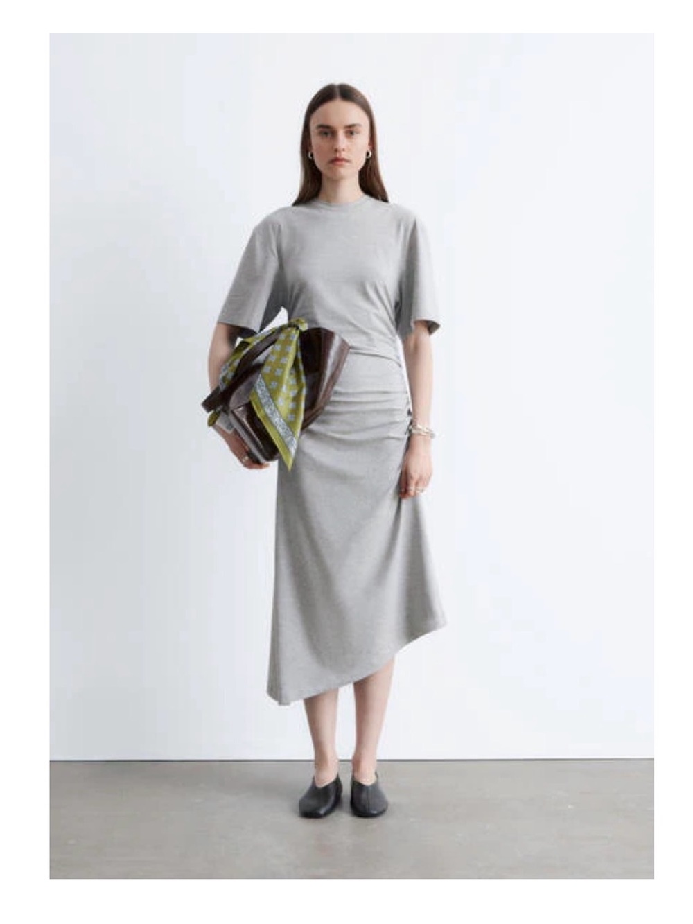 & Other Stories Gray Asymmetric Midi Dress with Ruched Waist